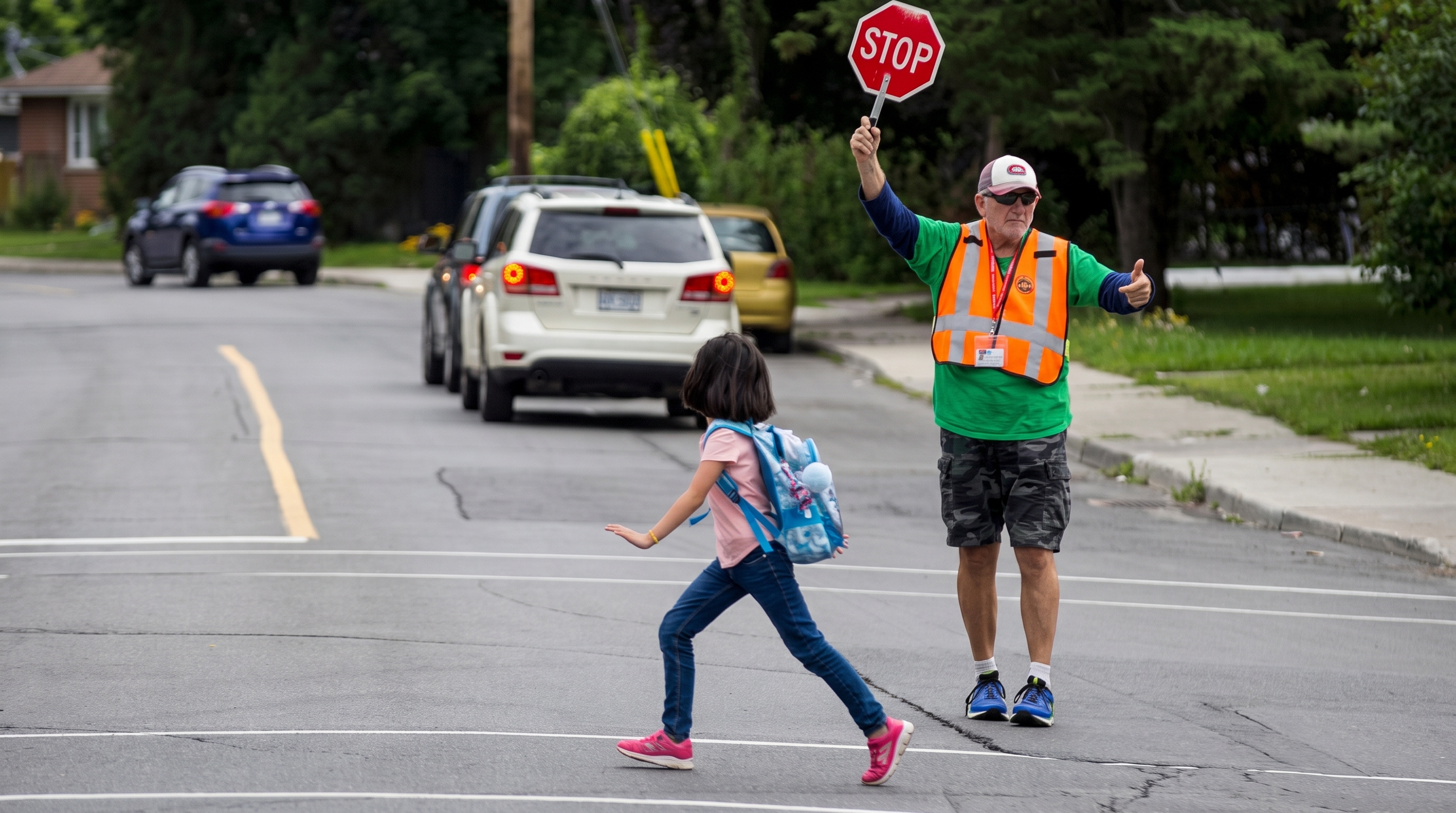 School kids crossing road safely in Halifax, NS, Canada.