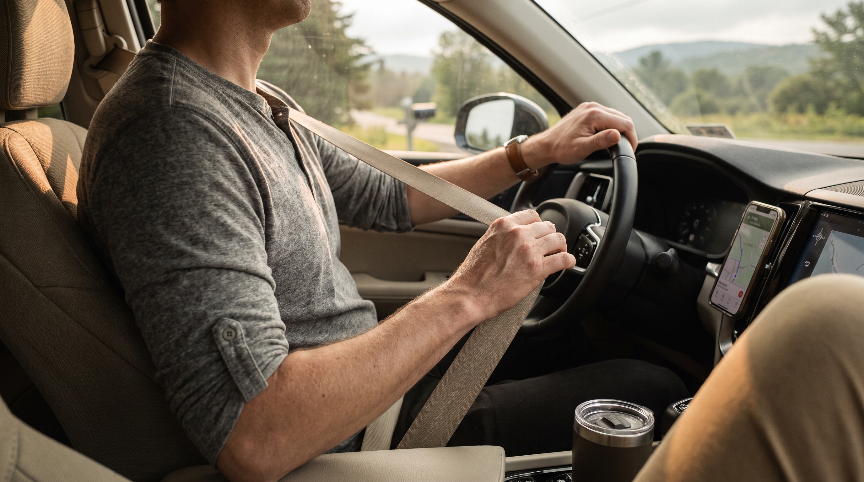 A driver's hand reaches across their chest to fasten their seat belt inside a parked car, with soft morning light coming through the windshield.