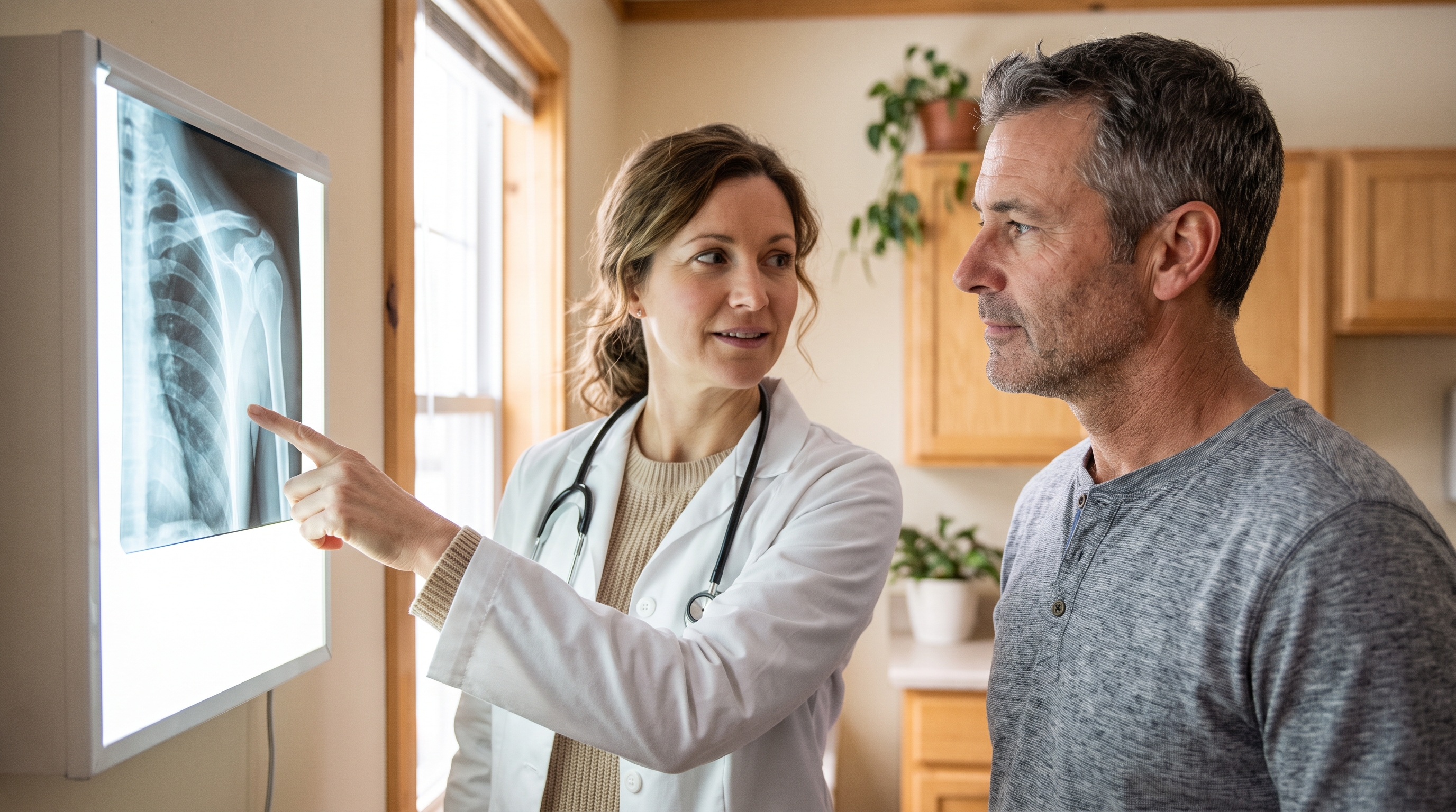 A Maritime doctor reviews a shoulder scan on a backlit light box while gently explaining the findings to a patient, illustrating the role of medical evidence in personal injury cases.