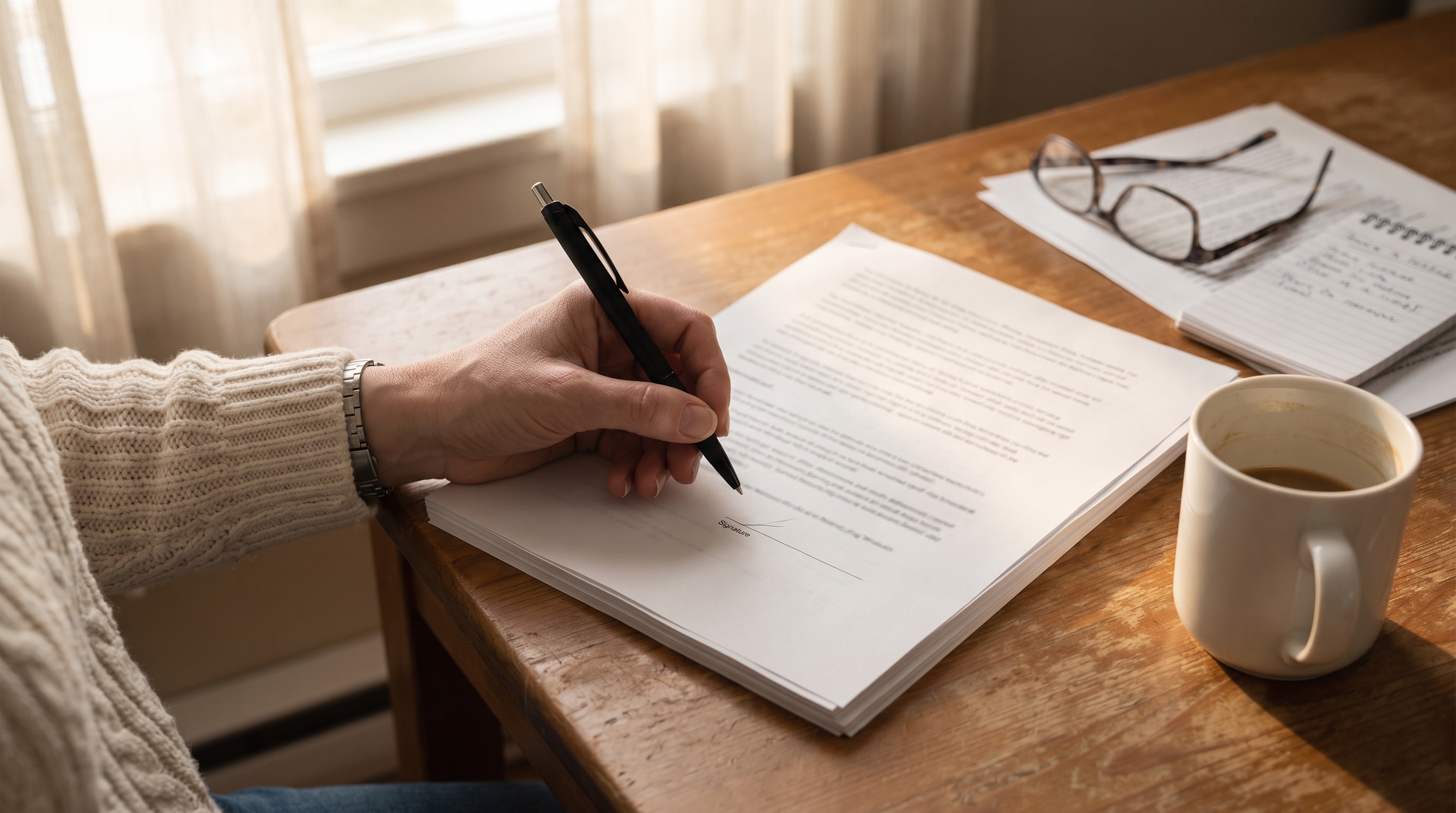 A hand holds a pen just above the signature line of a settlement offer document on a warm wooden table, captured in the pause before signing.
