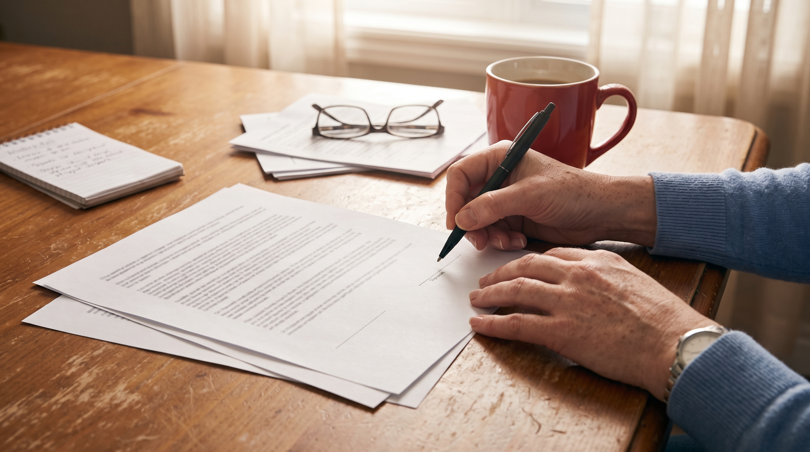 A hand holds a pen just above the signature line of a settlement offer document on a warm wooden table, captured in the pause before signing.