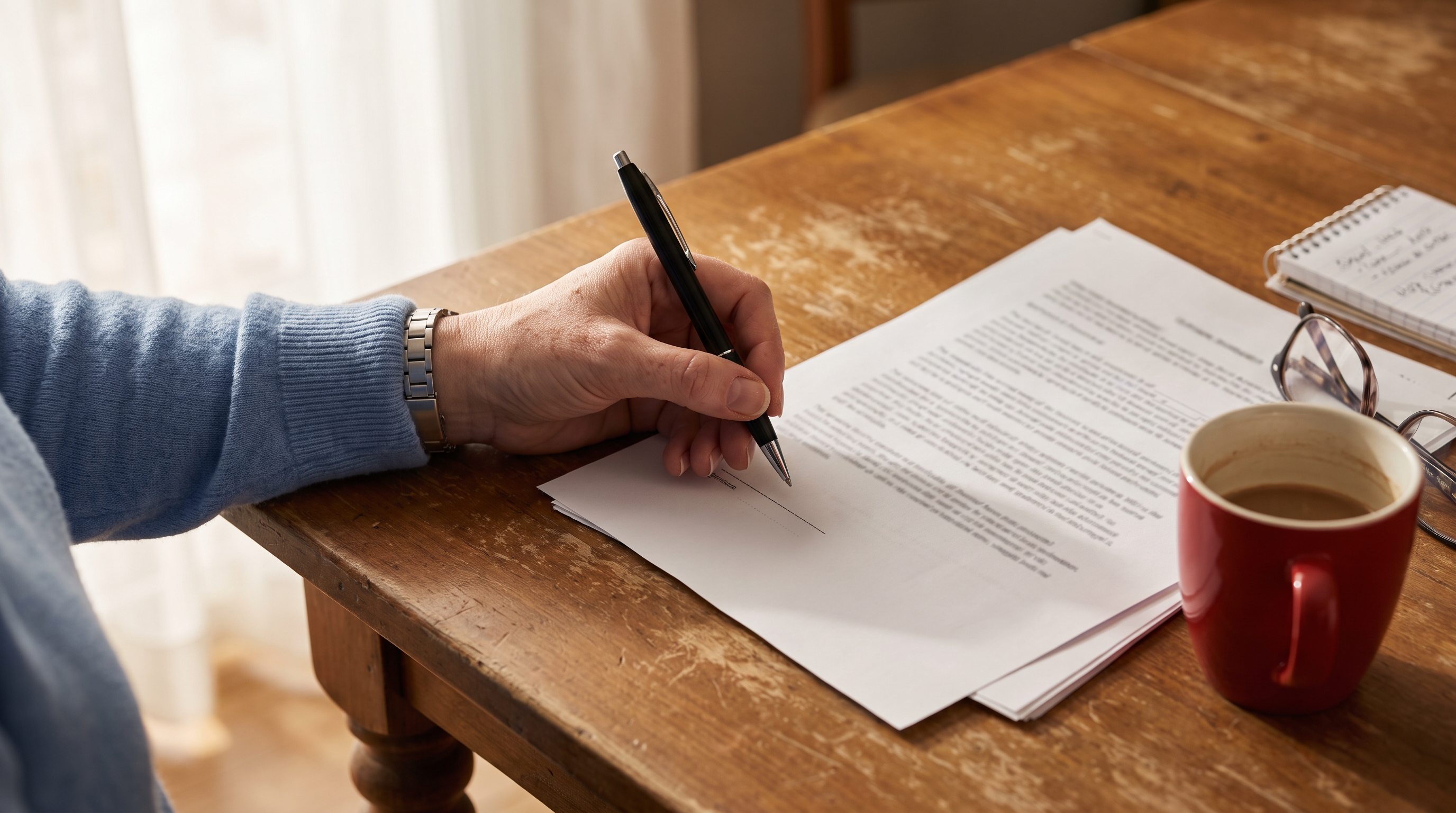 A hand holds a pen just above the signature line of a settlement offer document on a warm wooden table, captured in the pause before signing.
