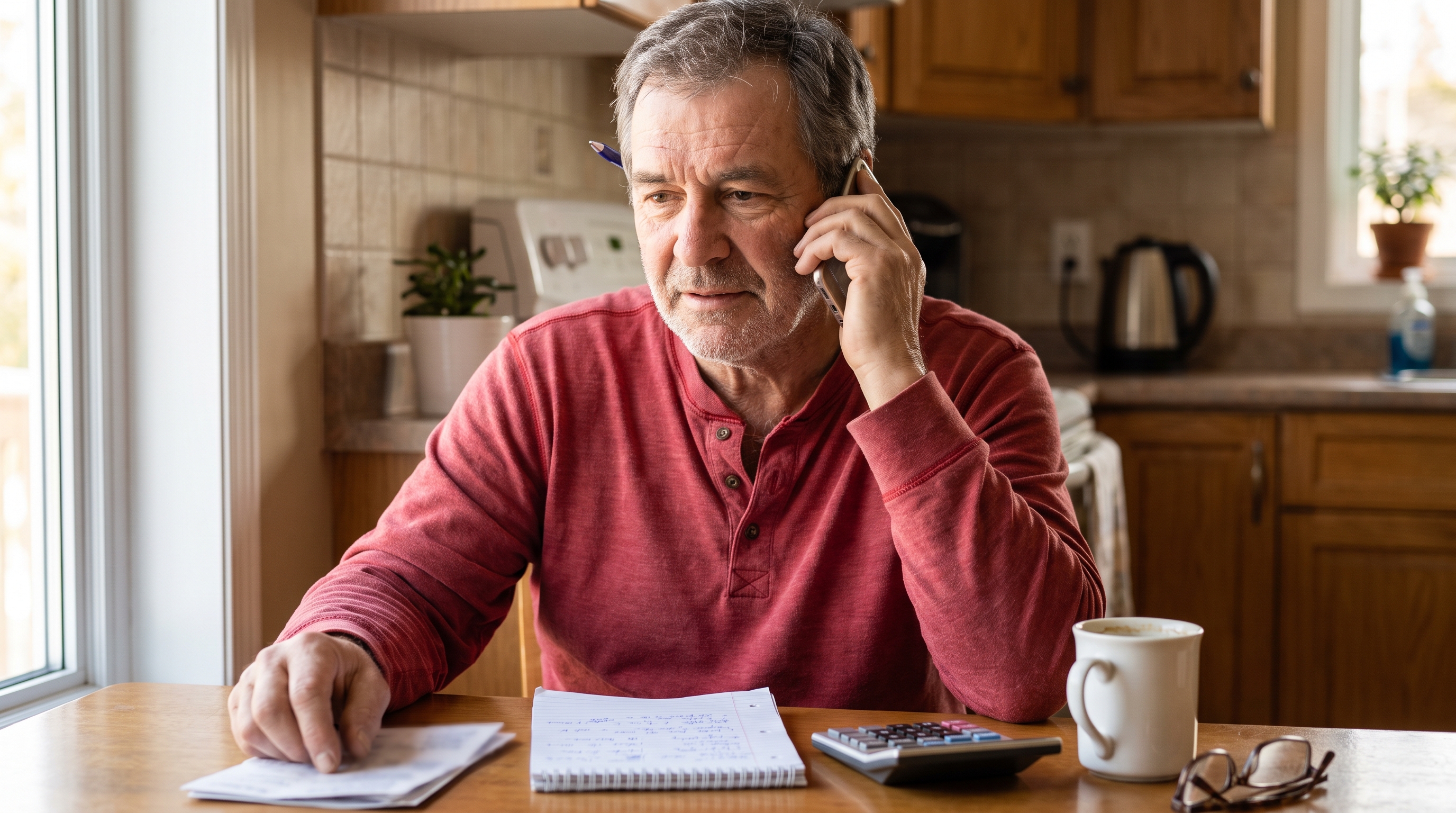 A Maritime person sits at their kitchen table on a phone call reviewing a settlement offer, with paperwork, a notepad, and handwritten notes spread out around them.