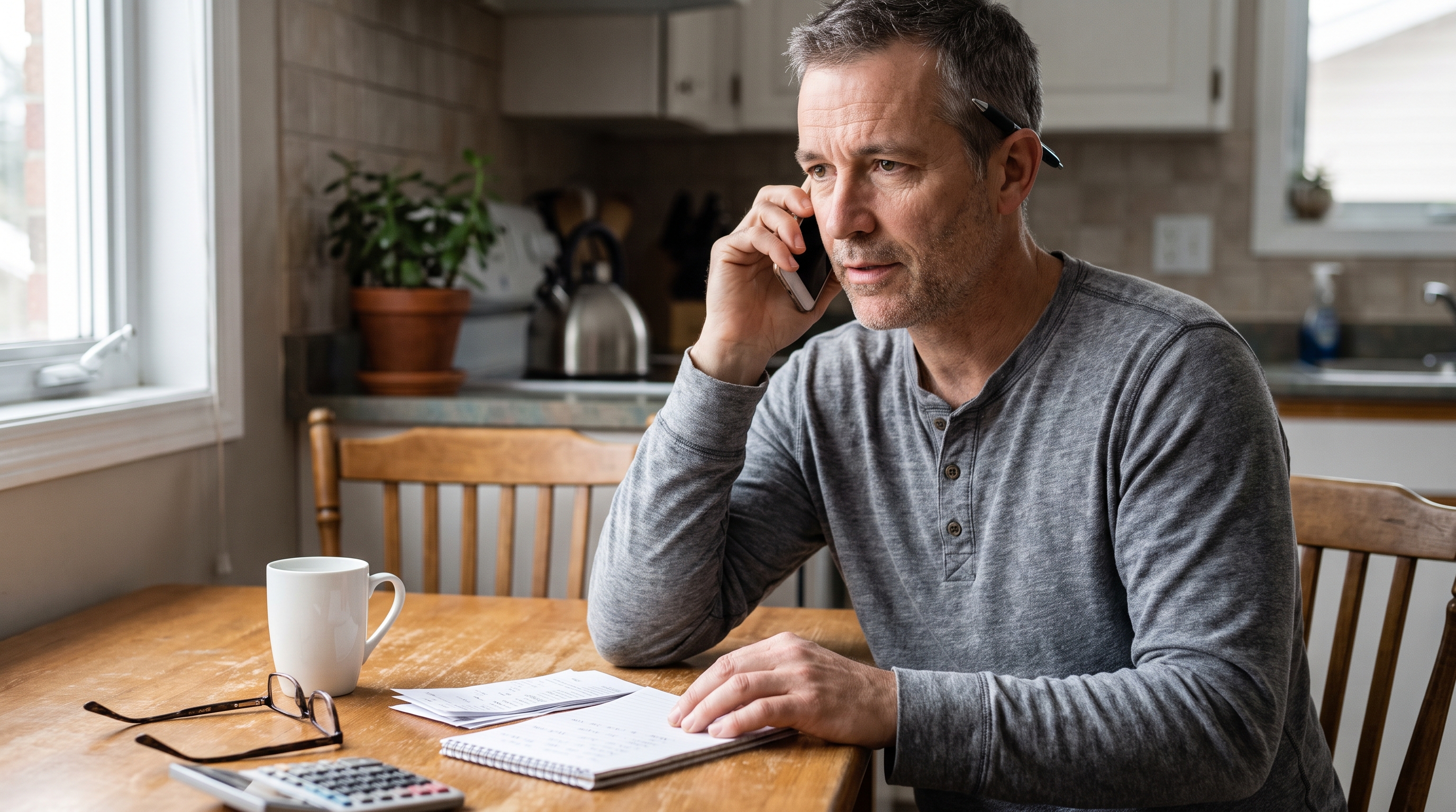 A Maritime person sits at their kitchen table on a phone call reviewing a settlement offer, with paperwork, a notepad, and handwritten notes spread out around them.