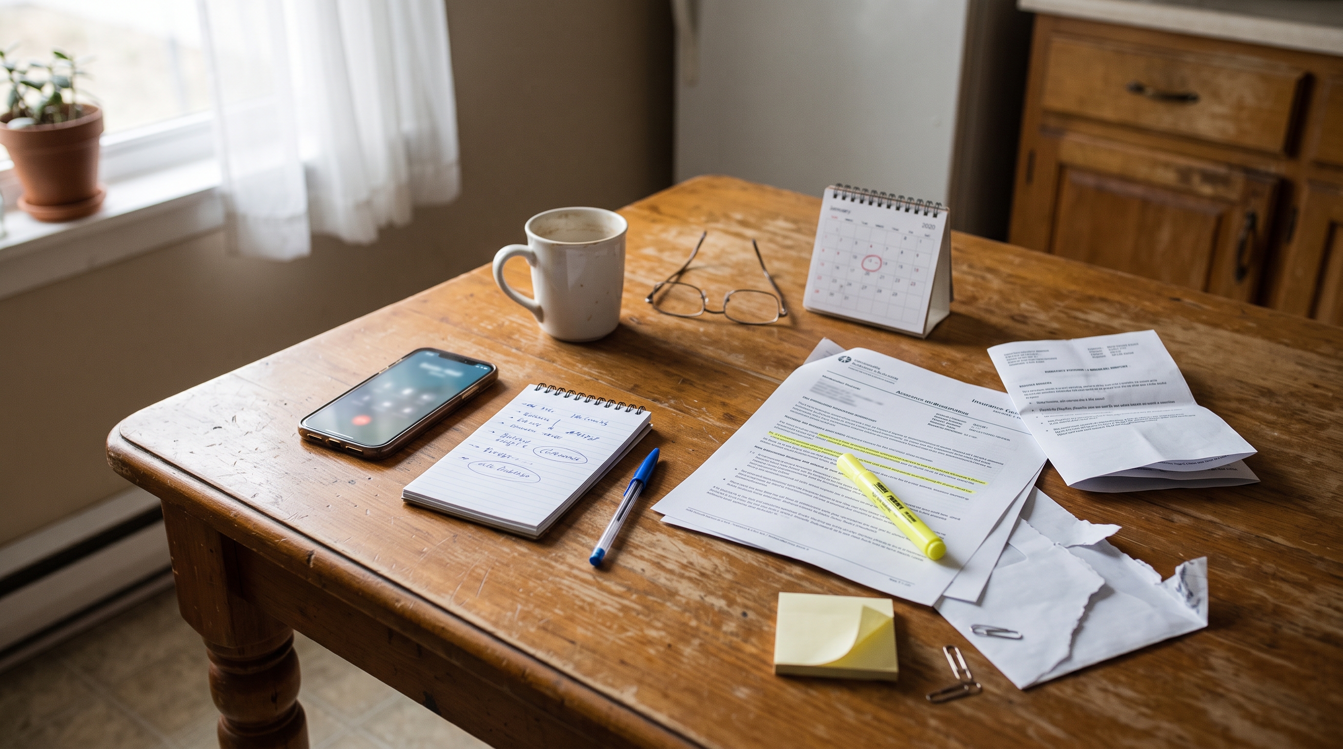 A smartphone, handwritten notes, and LTD policy documents spread across a kitchen table, showing the work of preparing an appeal after benefits were cut off.