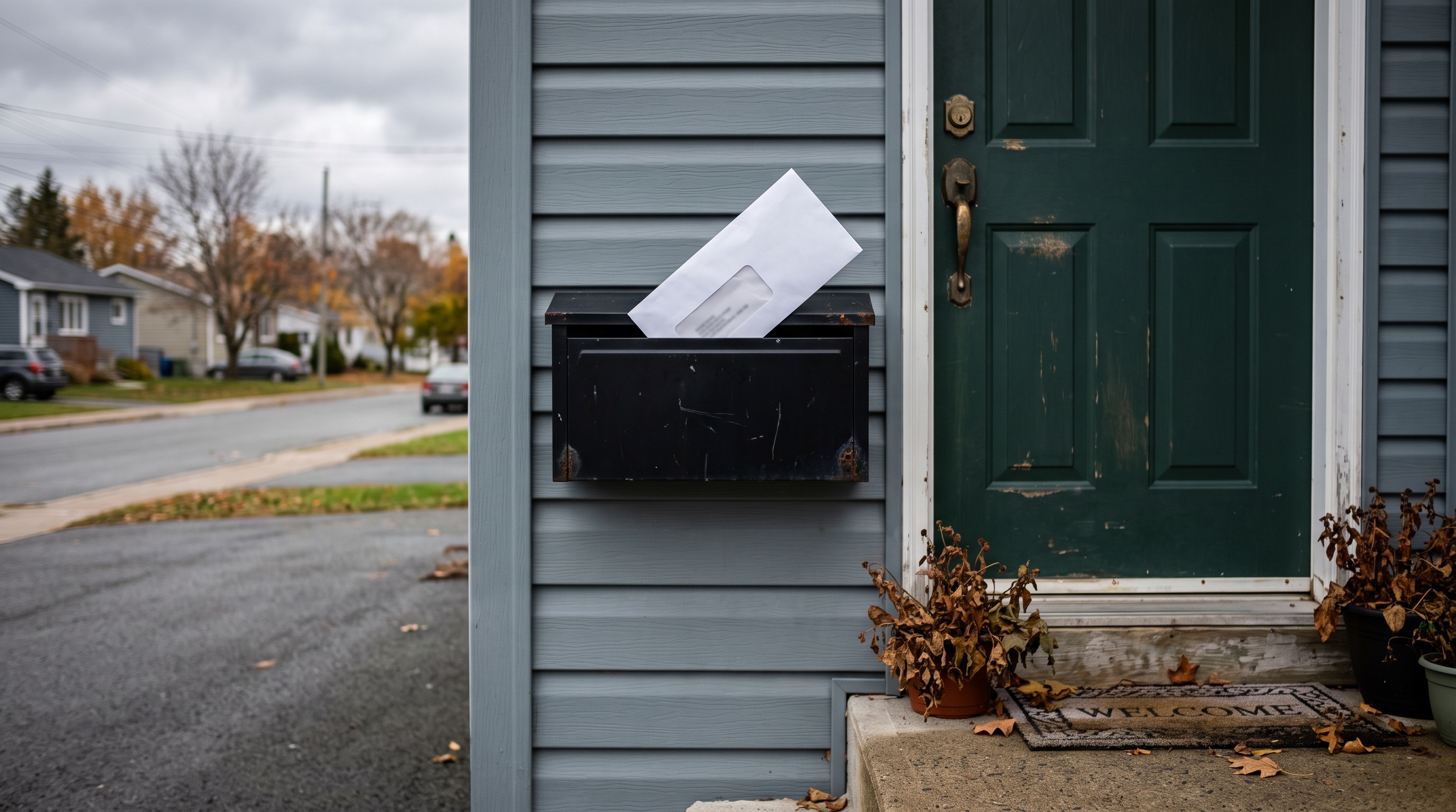 A formal white envelope sticks out of a Canadian mailbox at the front of a modest Nova Scotia home on an overcast day, moments before difficult news is discovered.