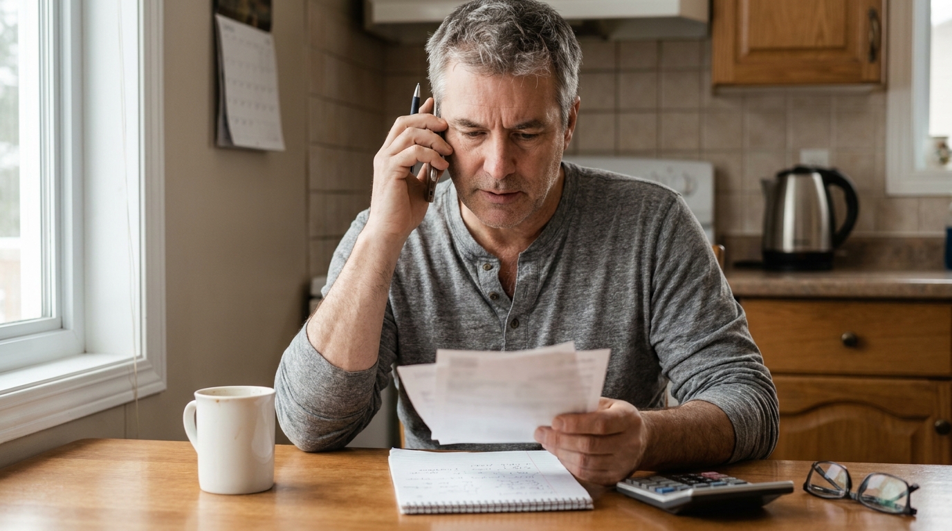 A Maritime person sits at their kitchen table on a phone call reviewing a settlement offer, with paperwork, a notepad, and handwritten notes spread out around them.