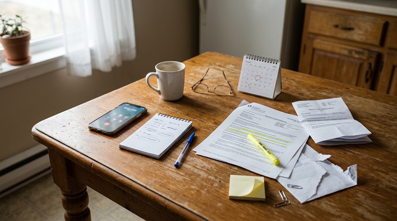 A smartphone, handwritten notes, and LTD policy documents spread across a kitchen table, showing the work of preparing an appeal after benefits were cut off.