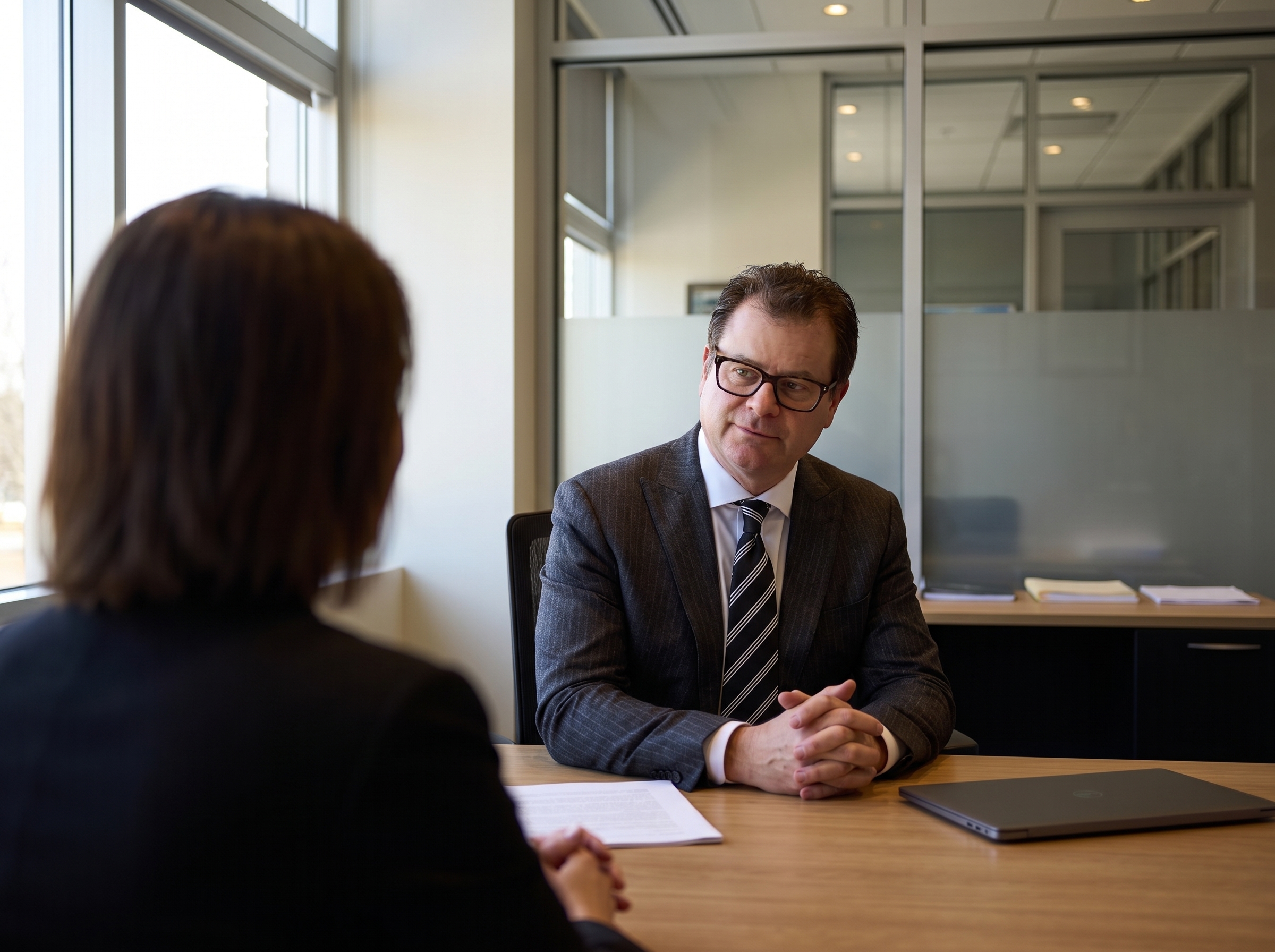 CLG Injury Law lawyer Jason G. Debly listens attentively during a client consultation at the firm's office, with a document and laptop on the desk between them.