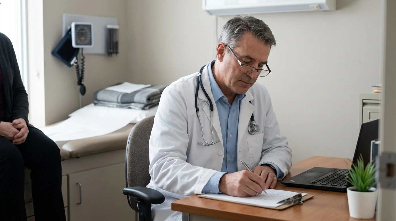 IME doctor writing notes during an independent medical examination, injury law New Brunswick.
