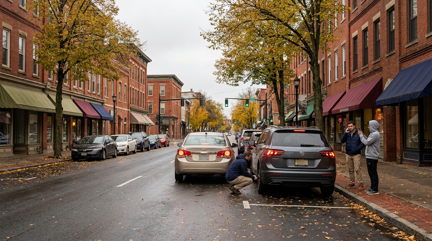 Two drivers inspect and document a minor vehicle collision on an uptown Nova Scotia street on an overcast autumn day, with heritage brick buildings and fall foliage in the background.