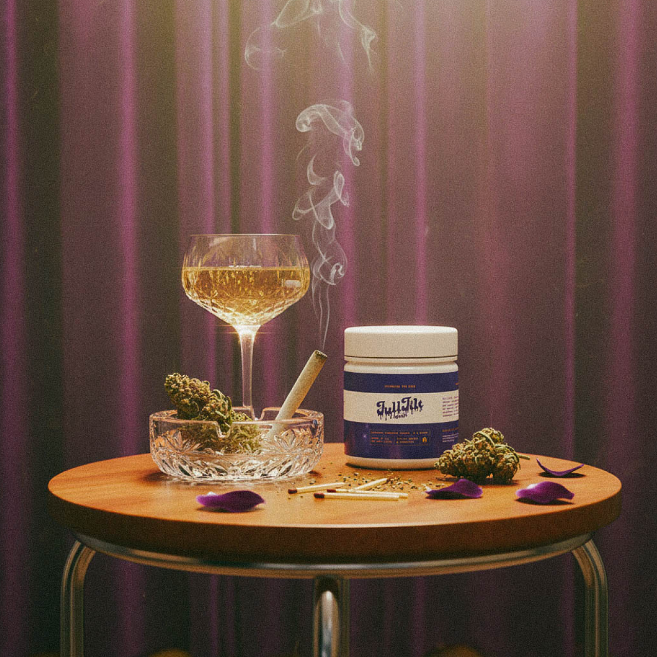 White container with blue and white label reading Full Tilt Labs, containing premium cannabis flower, 3.5 grams, grown and cut in New Jersey, family owned and operated.