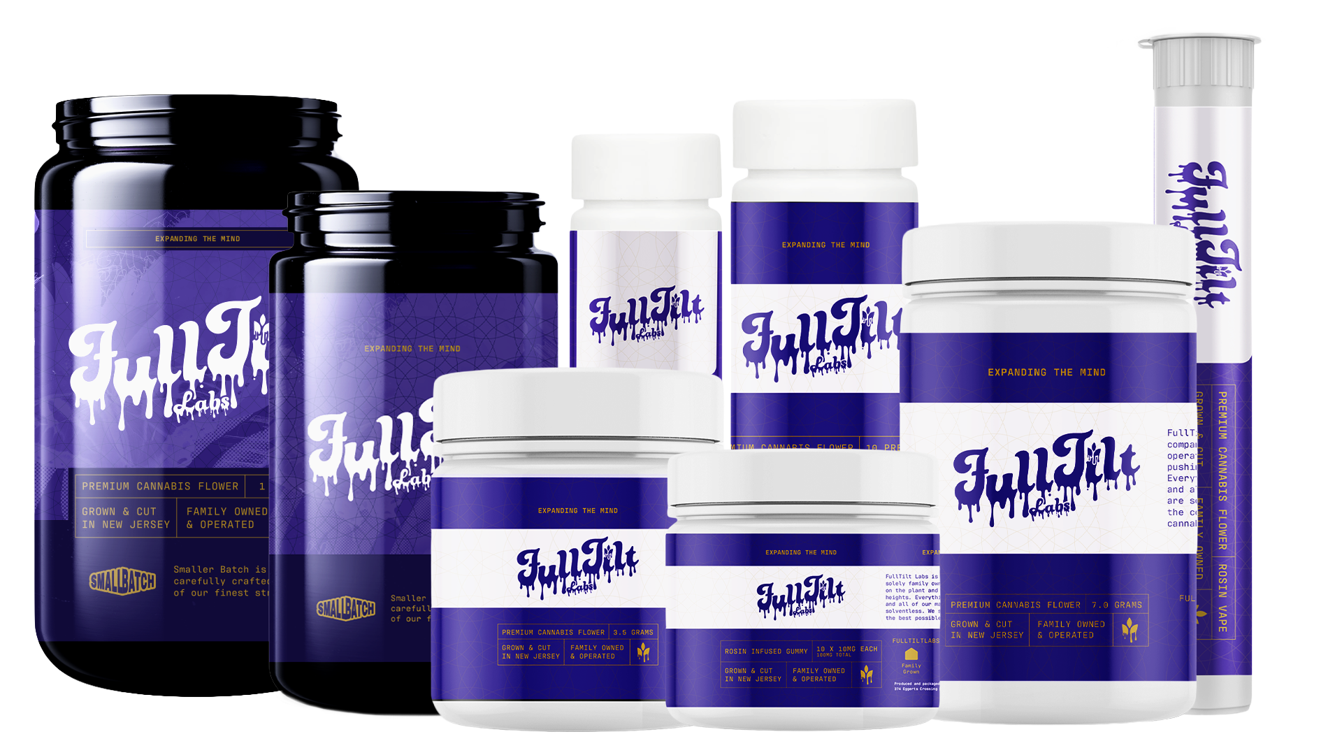 Collection of FullTilt Labs cannabis product containers in various sizes with purple and white labels.