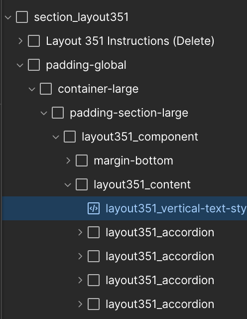 Code editor showing a nested folder structure with sections named section_layout351, padding-global, container-large, and multiple layout351_accordion files.