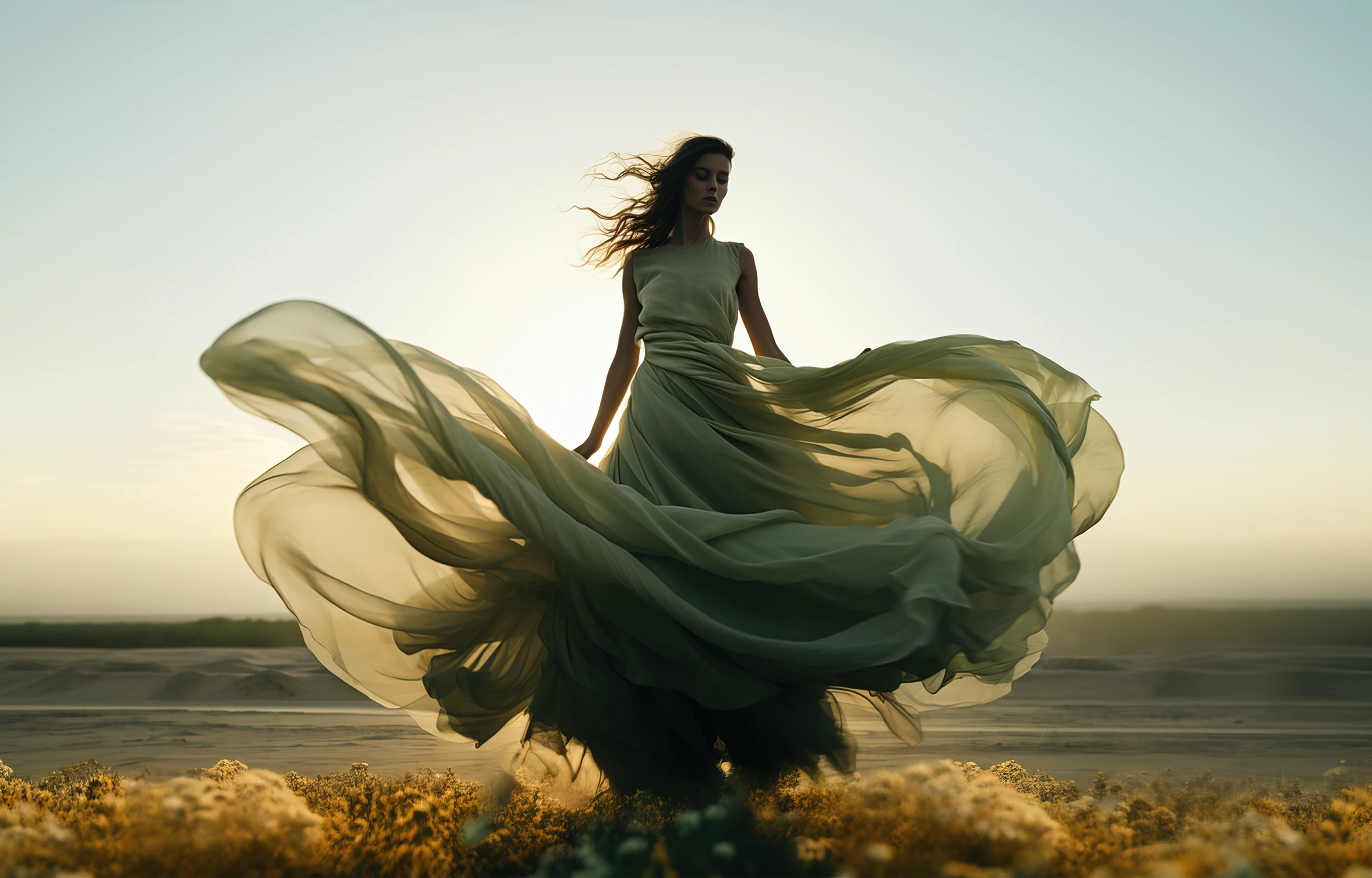 A woman in a green dress standing in a field