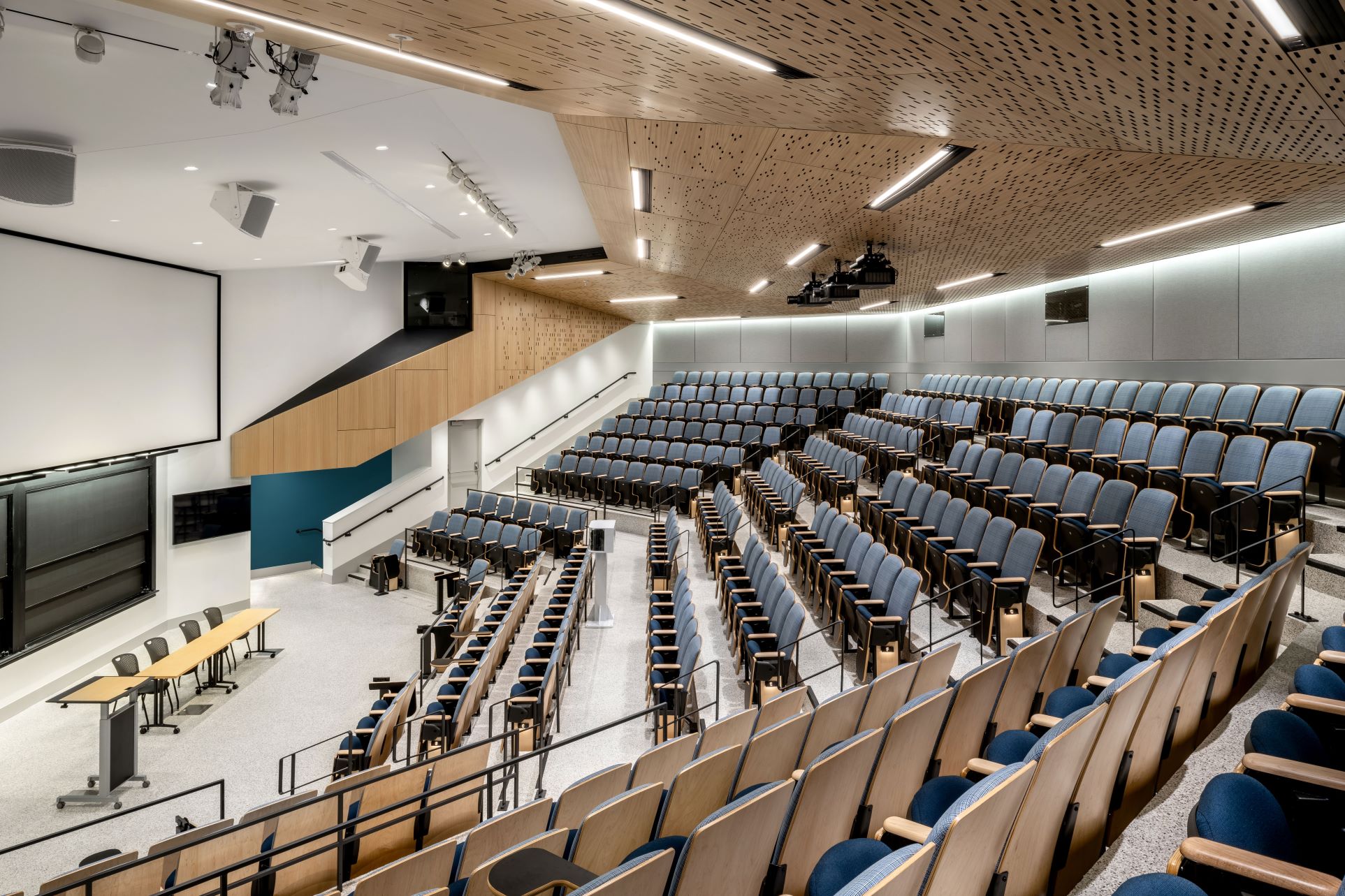 Modern auditorium with tiered rows of blue and wooden seats, a large projector screen, and a wooden ceiling with recessed lighting.