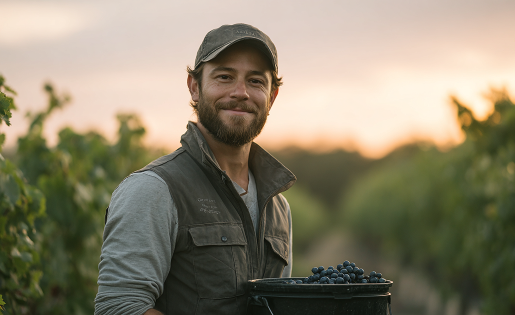 Smiling man wearing a cap holding a bucket of freshly picked dark grapes in a vineyard at sunset.