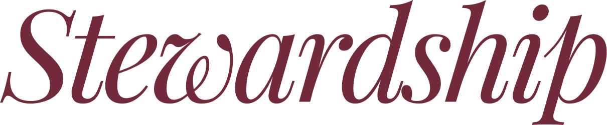 The word 'Stewardship' written in dark red cursive font on a transparent background.