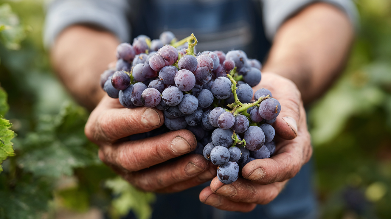 Close-up of dirty hands holding a bunch of ripe purple grapes in a vineyard.