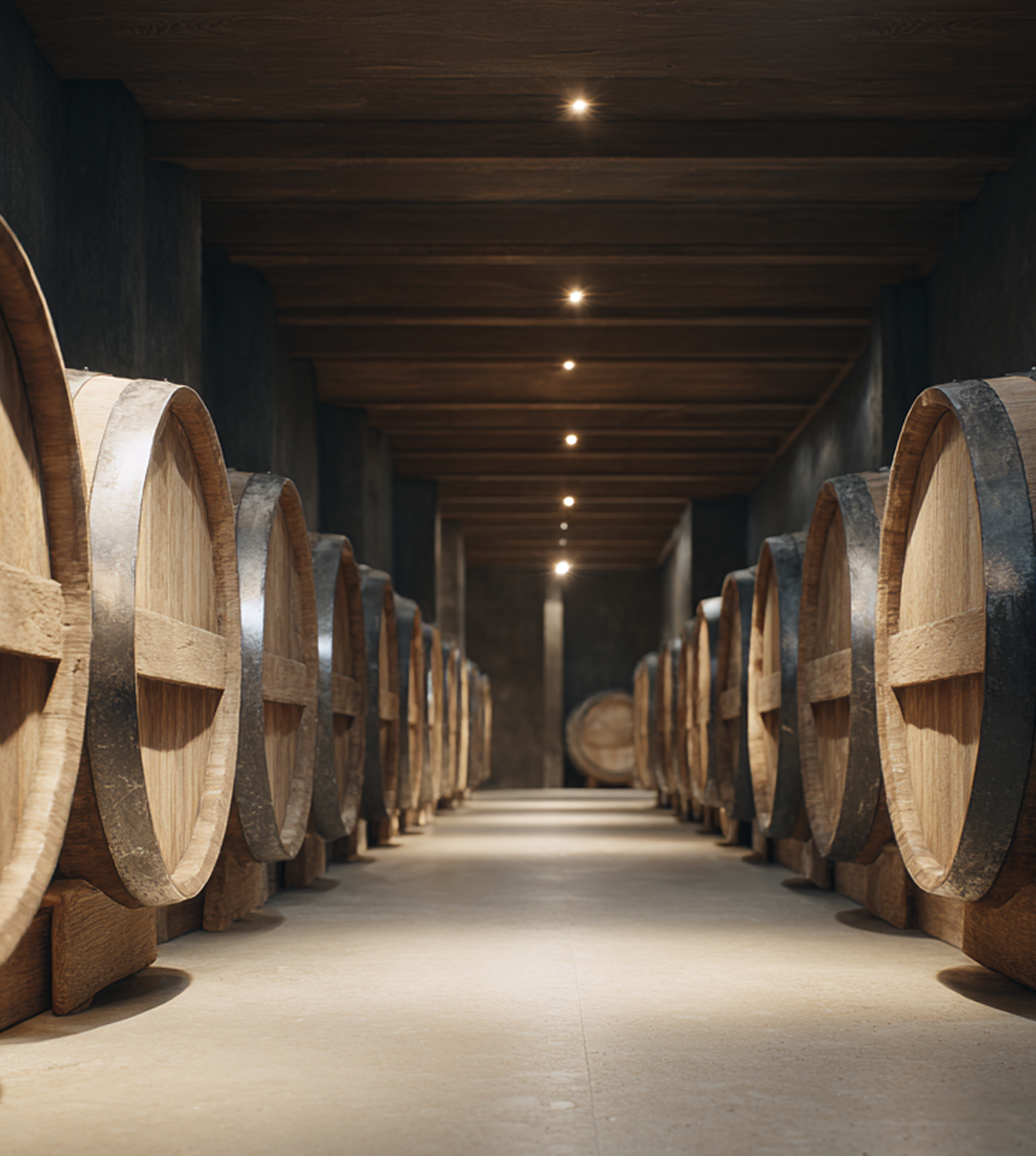Rows of wooden barrels lined along both sides of a dimly lit cellar corridor with spotlights overhead.