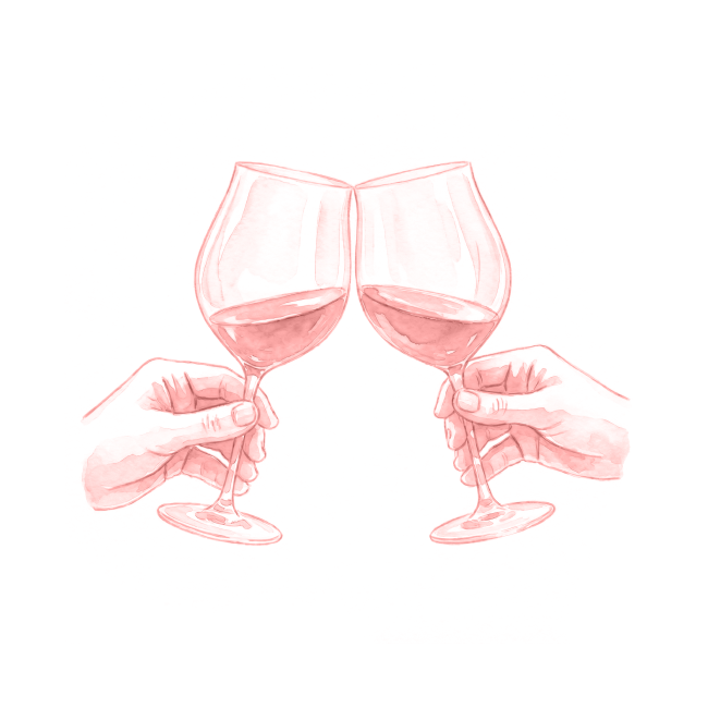 Two hands clinking wine glasses filled with red wine in a toast.