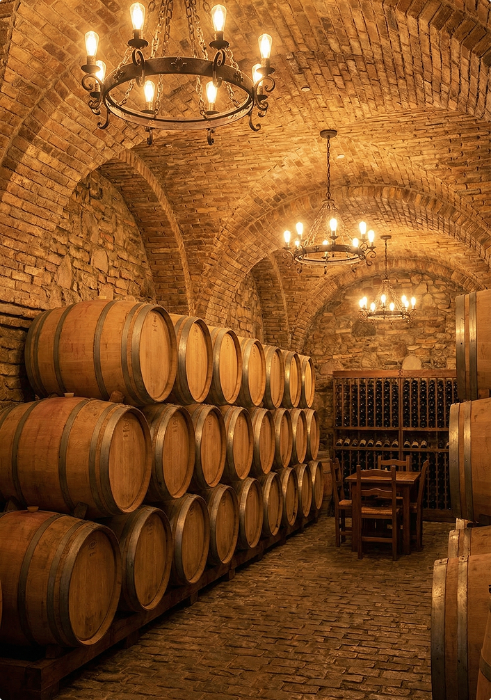 Wine cellar with wooden barrels stacked on the left, a brick arched ceiling, chandeliers with lit bulbs, and a wooden table with chairs near wine racks.