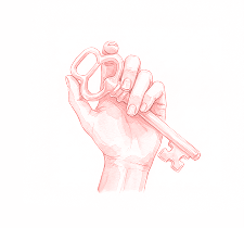 Hand holding an antique key with ornate handle in a watercolor style.