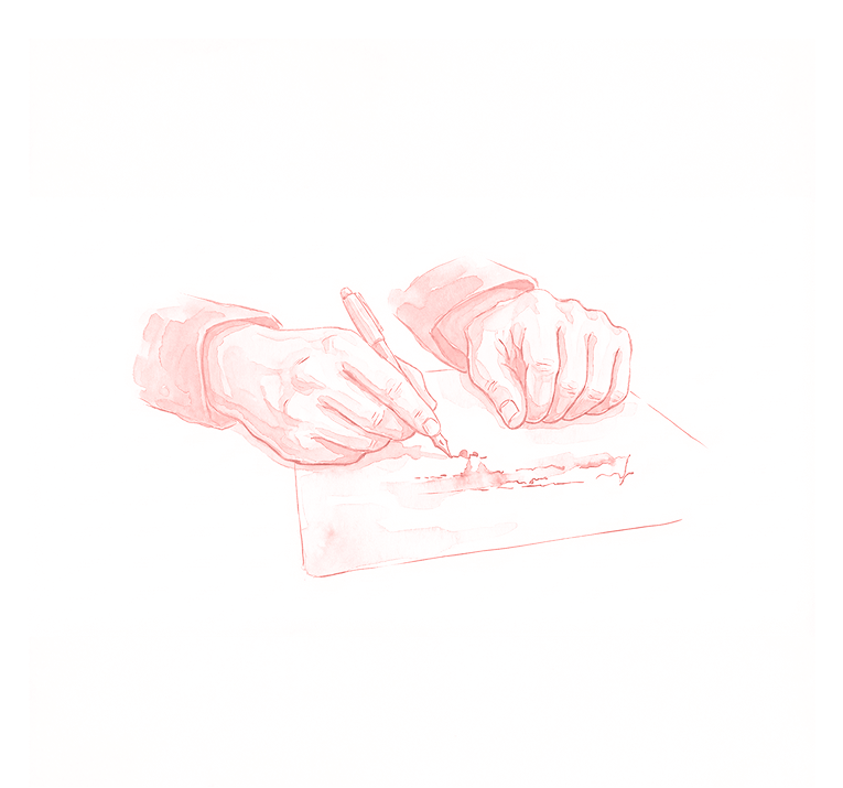 Watercolor illustration of hands writing on a piece of paper with a pen.