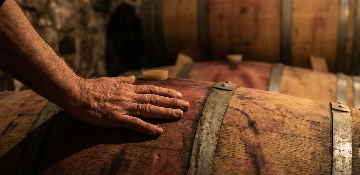 Hand with a gold ring resting on a wooden wine barrel in a dimly lit cellar.