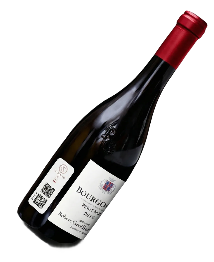 Bottle of 2019 Bourgogne Pinot Noir wine by Robert Groffier with a red foil capsule.