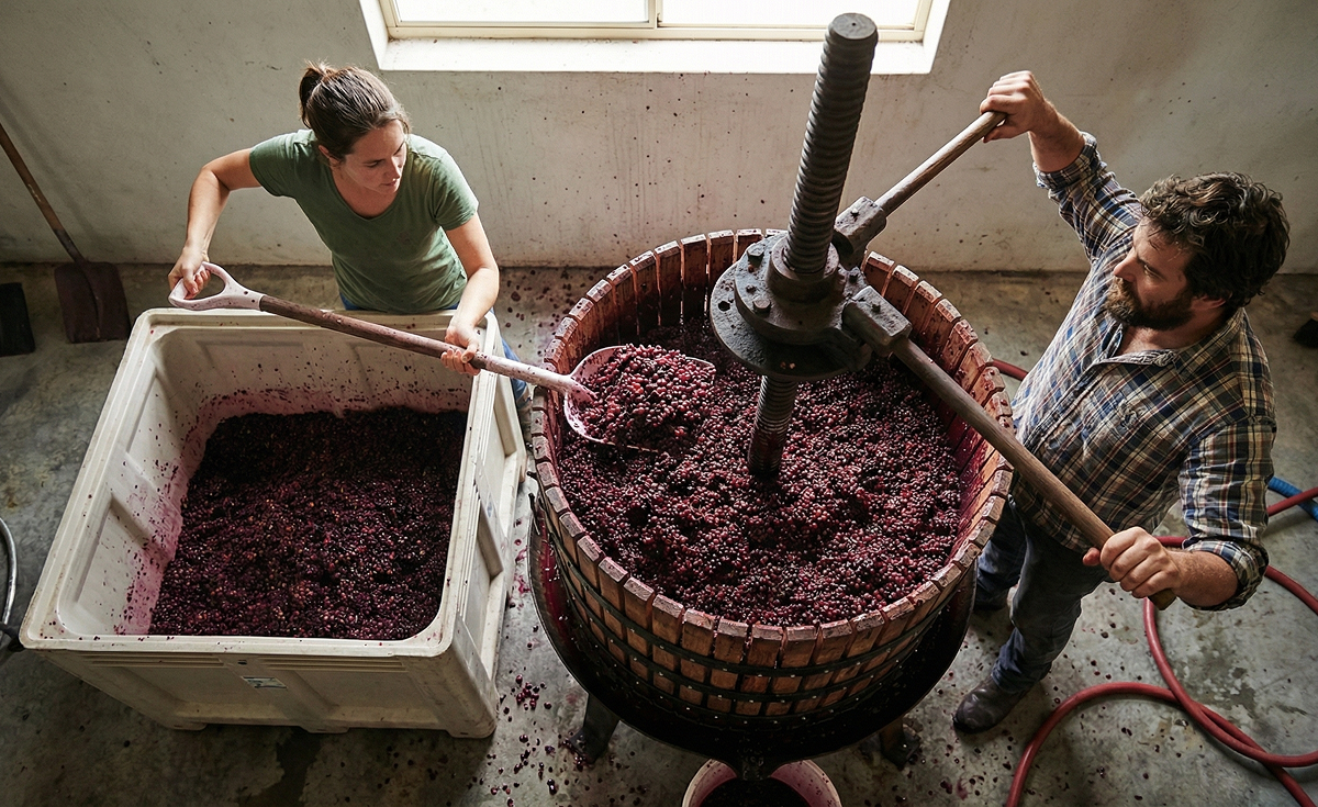 Two people pressing red grapes in a wooden wine press inside a winery.