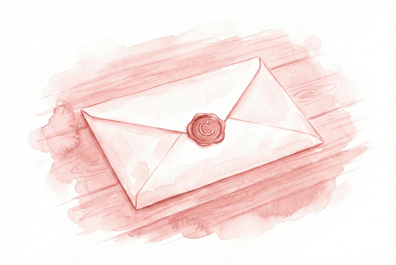 Watercolor illustration of a sealed envelope with a wax seal resting on a wooden surface.