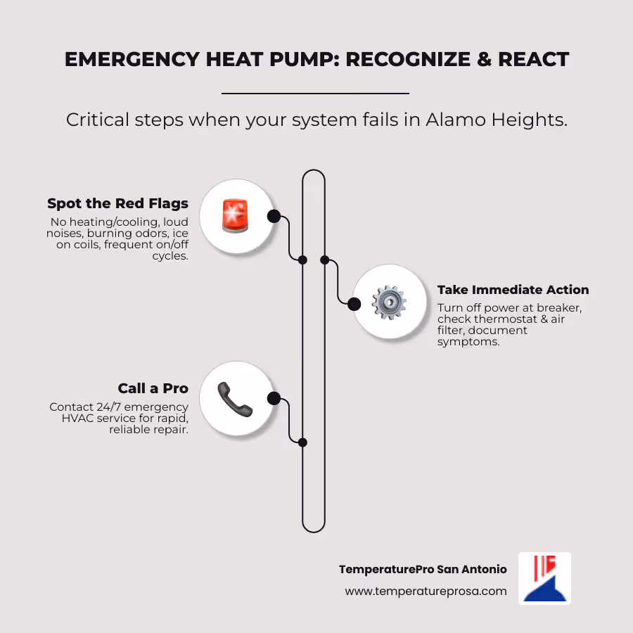 Infographic showing emergency heat pump warning signs including complete system failure, loud grinding noises, burning smells, ice on coils, no heating or cooling output, and frequent on-off cycling, with immediate action steps: turn off power at breaker, check thermostat and filter, call 24/7 professional service, document all symptoms - emergency heat pump repair in alamo heights tx infographic infographic-line-3-steps-elegant_beige