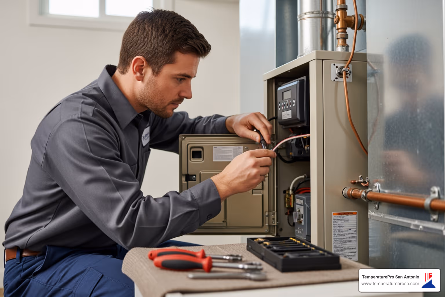technician performing heating maintenance on a furnace - best heating company in bracken tx