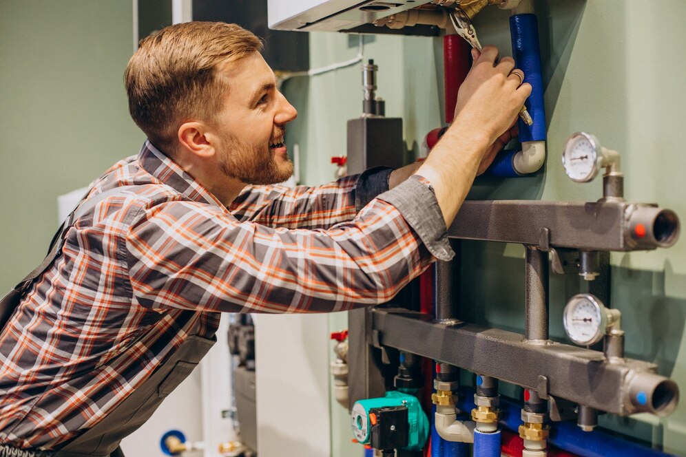 A smiling technician in a plaid shirt works on a system of colorful pipes and gauges,