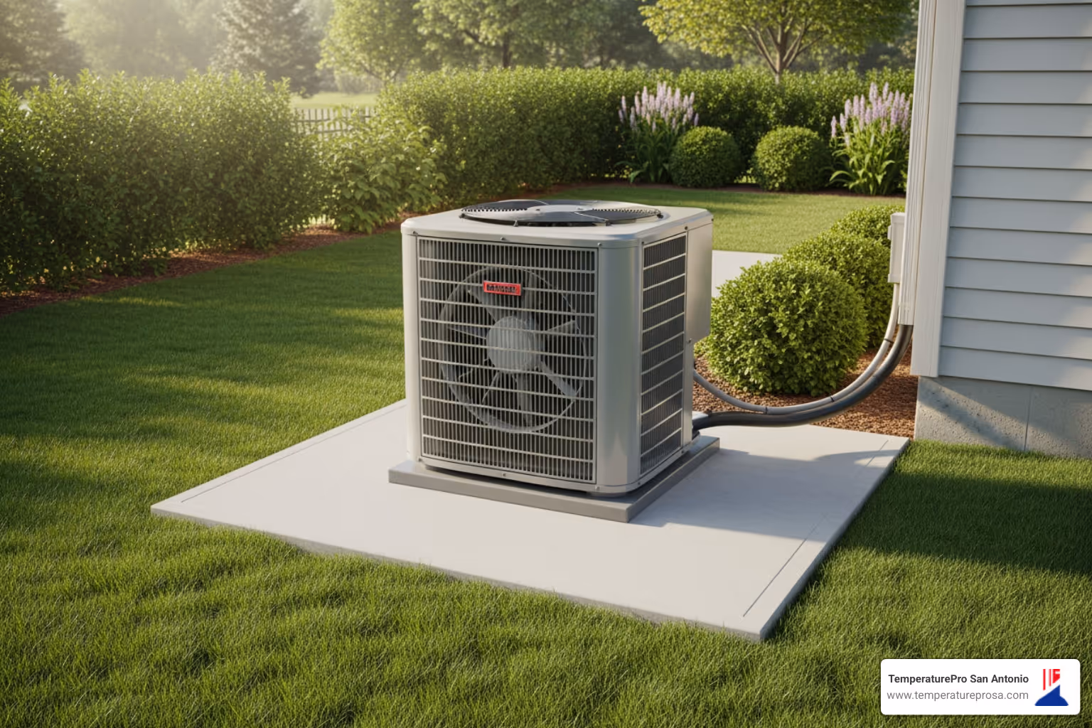 clear and accessible area around an outdoor HVAC unit - heat pump tune-up in hill country village tx