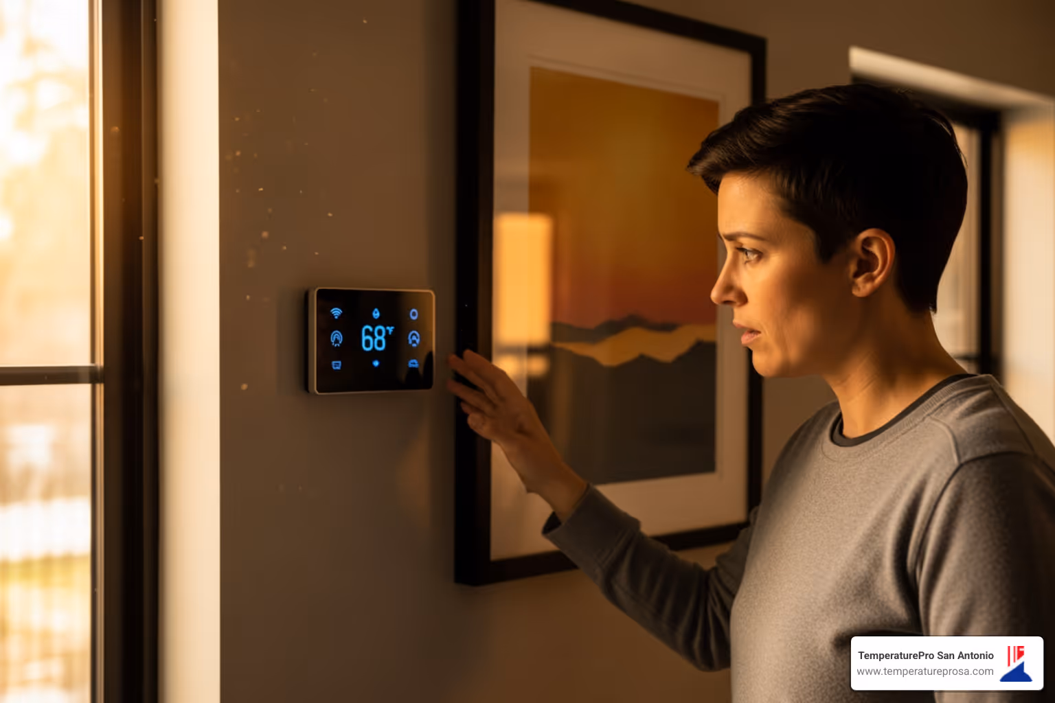 homeowner looking at their thermostat with a concerned expression - heat pump tune-up in hill country village tx