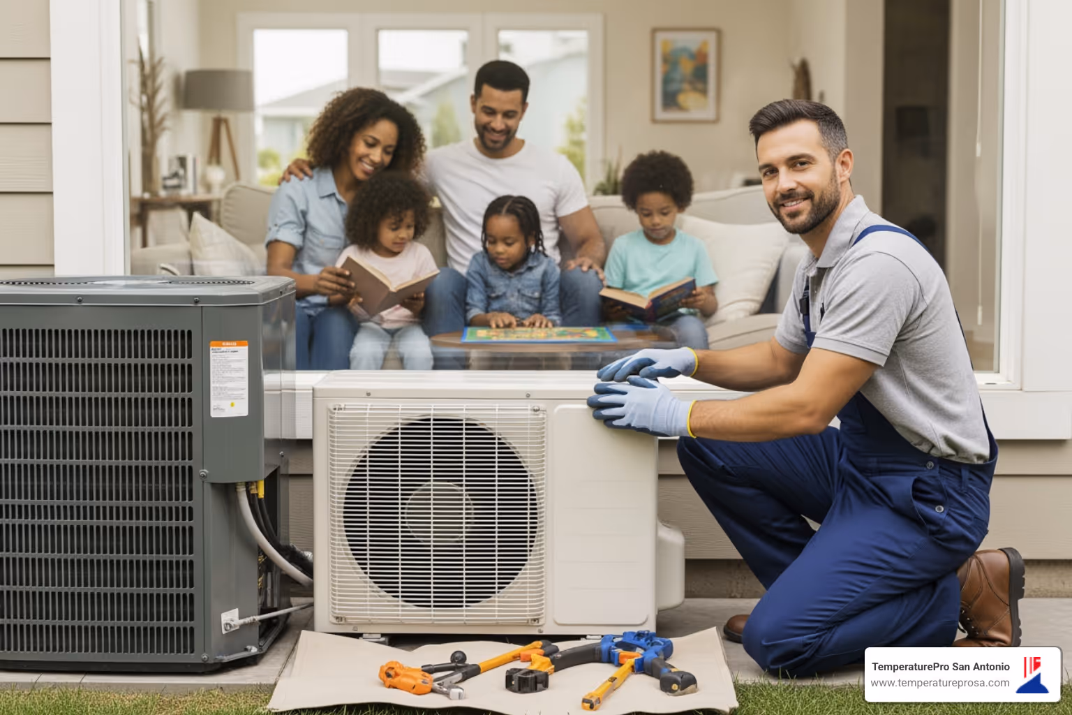 Technician performing maintenance on an outdoor HVAC unit, with a happy family relaxing in a comfortable home in the background - heat pump tune-up in hill country village tx