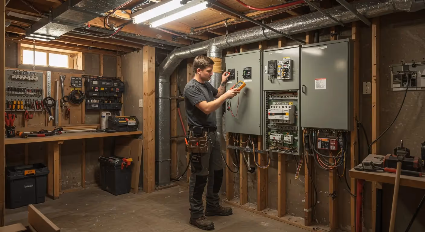 An electrician using a digital multimeter to test an open electrical panel in a basement workshop.