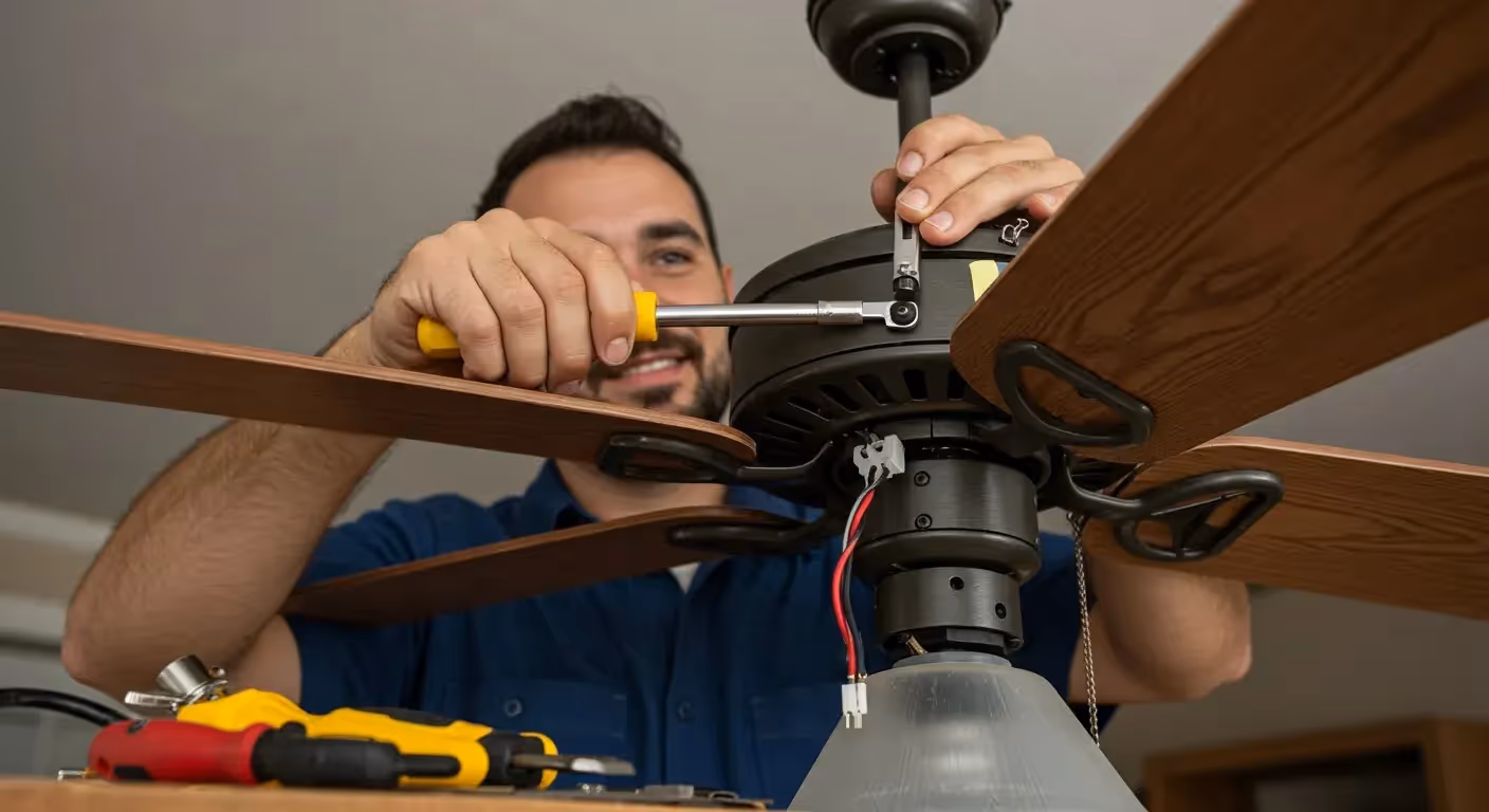 Close-up of an HVAC expert servicing the motor and wiring of a home ceiling fan.