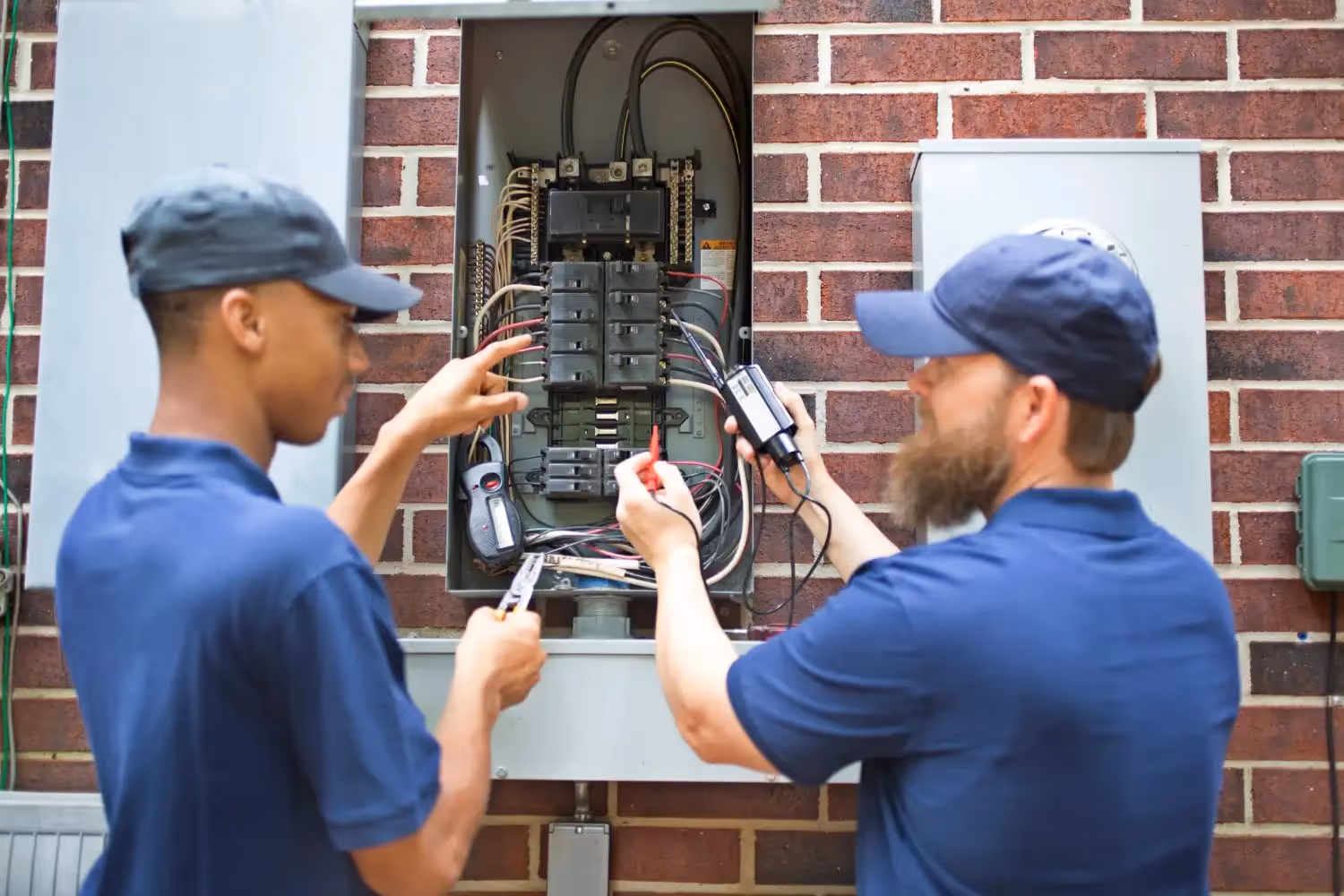 Two electricians in blue shirts inspect a gray electrical panel on a brick wall.