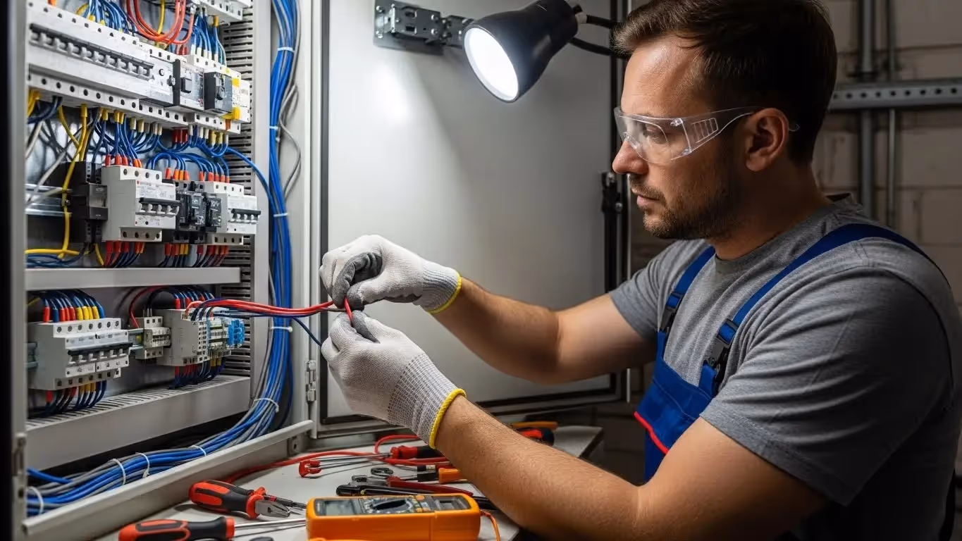 Electrician working on complex electrical panel.