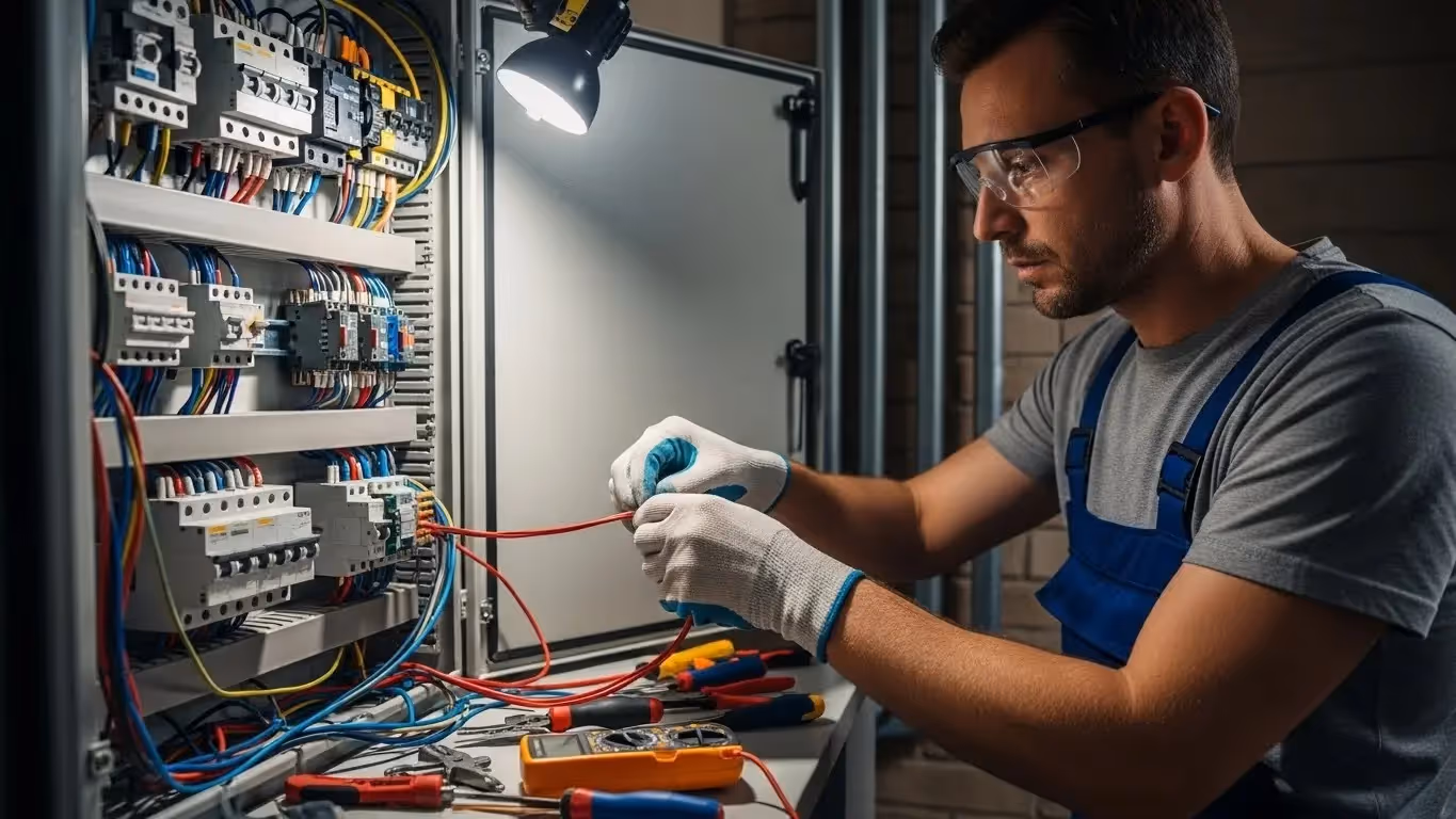 Technician wiring a complex electrical panel.