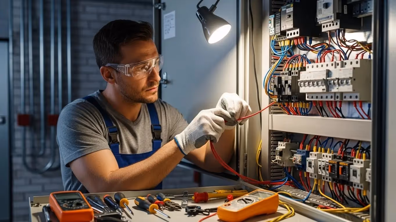 A focused electrician wearing safety gear, including goggles and gloves, works on a complex circuit panel filled with colorful wires, under bright lighting.