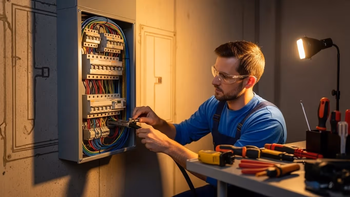 Electrician working on electrical circuit panel.