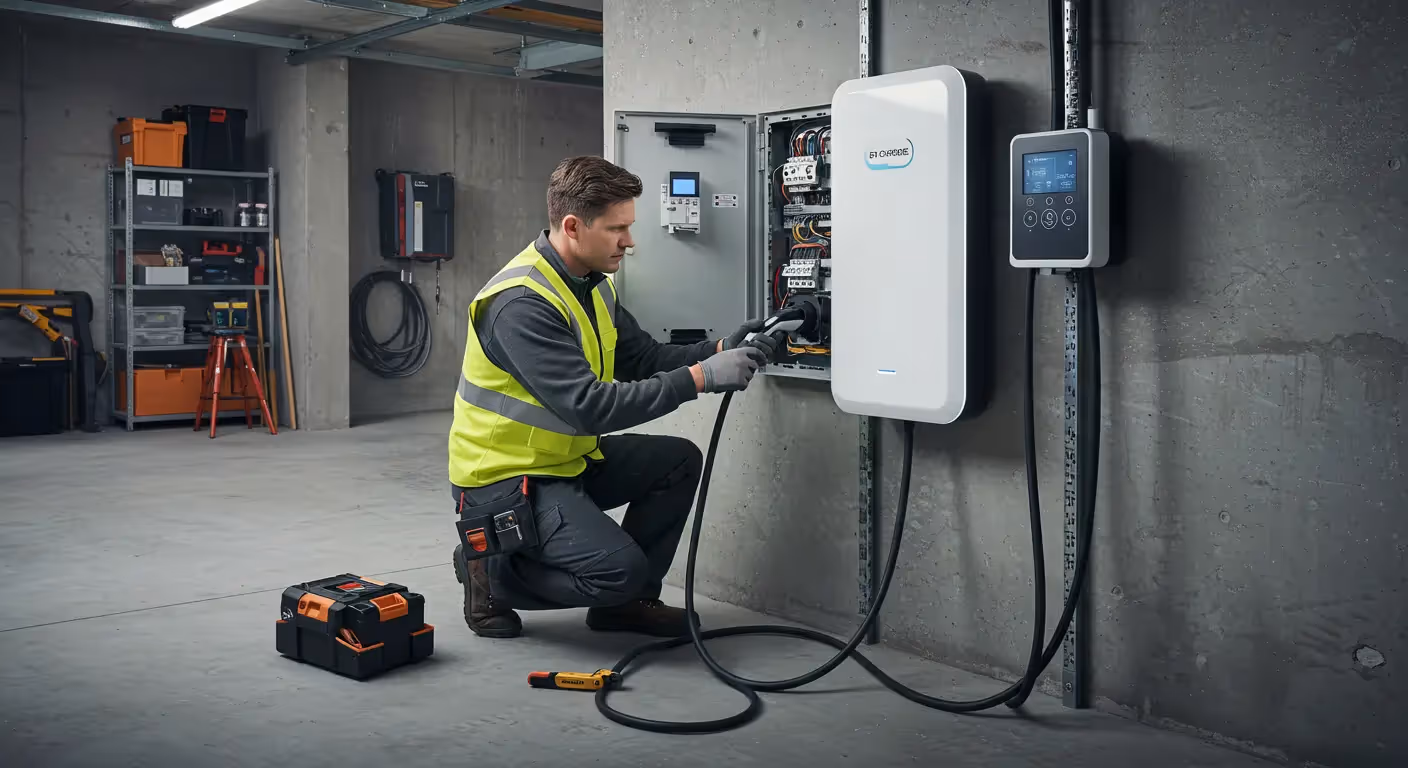 An electrician in a neon yellow safety vest kneels in a garage to install a wall-mounted electric vehicle charging station. He connects a thick charging cable to the unit, which is mounted on a concrete wall.
