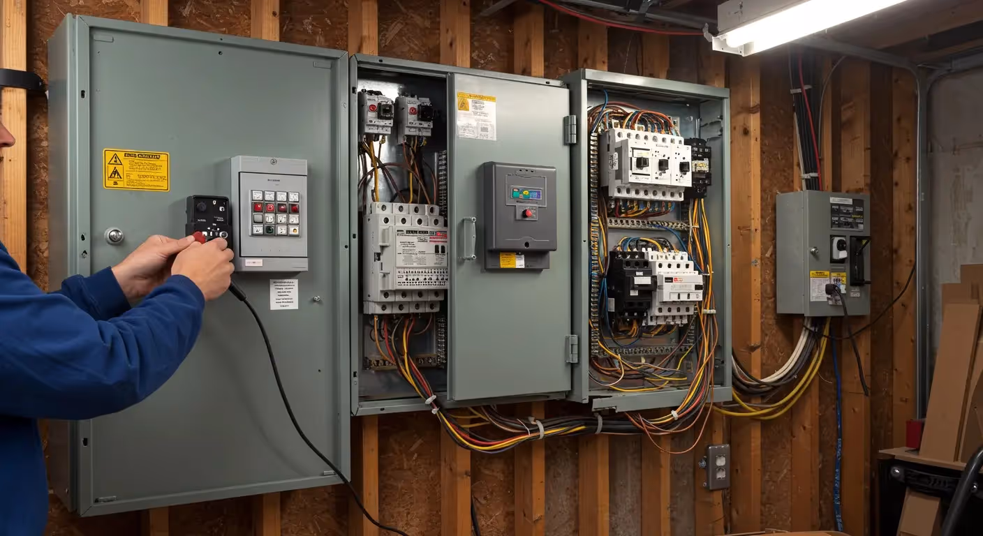 A person wearing a blue shirt works on an open industrial electrical panel with complex wiring and controls.