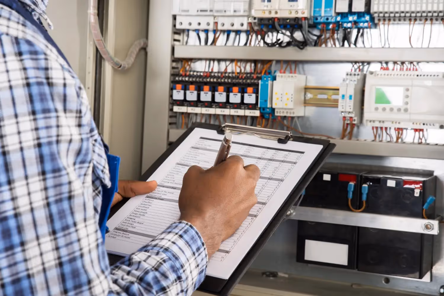 An inspector in a plaid shirt fills out a checklist on a clipboard while standing in front of an open electrical control panel filled with complex wiring, circuit breakers, and industrial components.