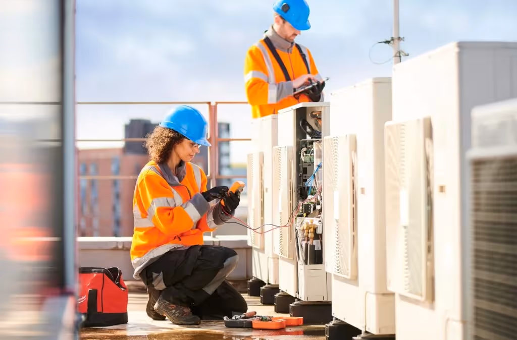 A technician in a blue uniform and cap reaches inside a white wall-mounted air conditioning unit to adjust or repair the internal components. The front panel is open, exposing the inner machinery.