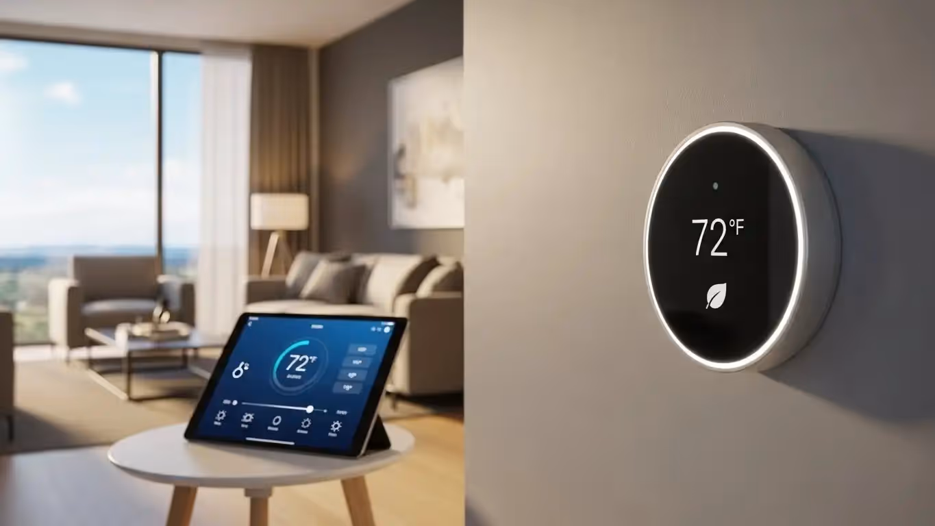 A sleek, circular smart thermostat on a wall, with a tablet displaying energy settings nearby